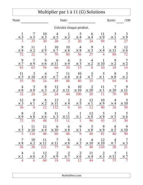Multiplier (1 à 12) par 1 à 11 (100 Questions) (G) page 2