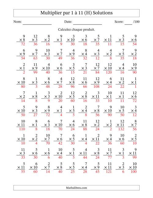 Multiplier (1 à 12) par 1 à 11 (100 Questions) (H) page 2