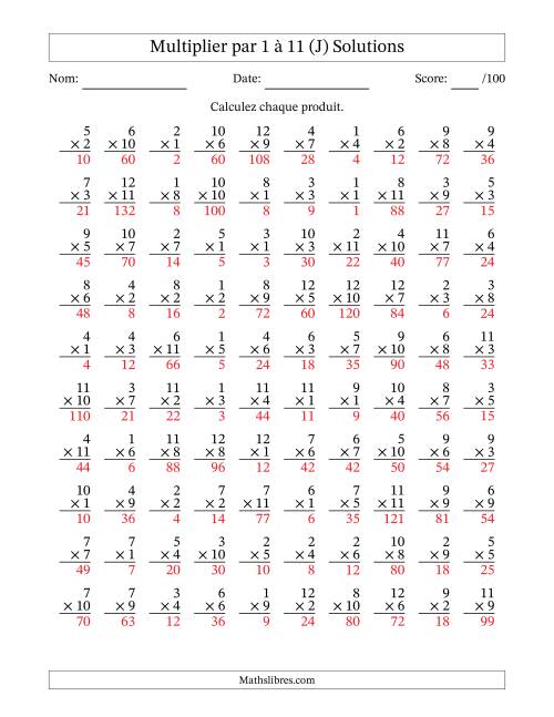 Multiplier (1 à 12) par 1 à 11 (100 Questions) (J) page 2