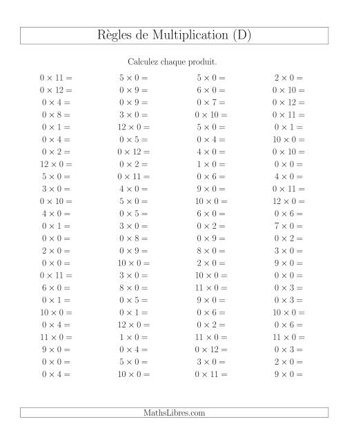 Règles de Multiplication -- Règles de 0 × 0-12 (D)