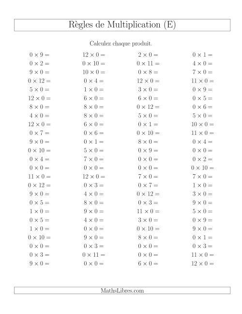 Règles de Multiplication -- Règles de 0 × 0-12 (E)