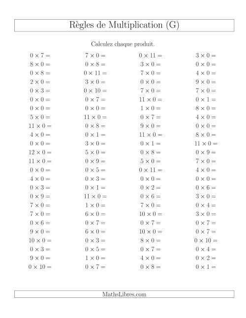 Règles de Multiplication -- Règles de 0 × 0-12 (G)