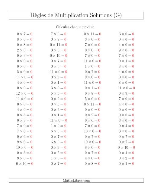 Règles de Multiplication -- Règles de 0 × 0-12 (G) page 2