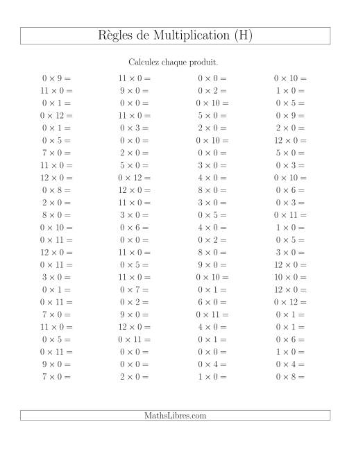 Règles de Multiplication -- Règles de 0 × 0-12 (H)