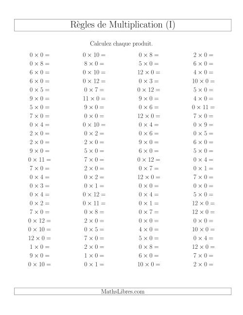 Règles de Multiplication -- Règles de 0 × 0-12 (I)