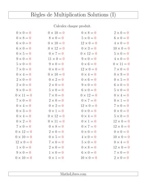 Règles de Multiplication -- Règles de 0 × 0-12 (I) page 2