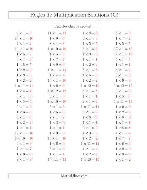Règles de Multiplication -- Règles de 1 × 0-12 (C) page 2