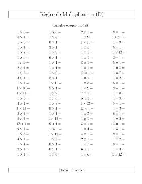 Règles de Multiplication -- Règles de 1 × 0-12 (D)