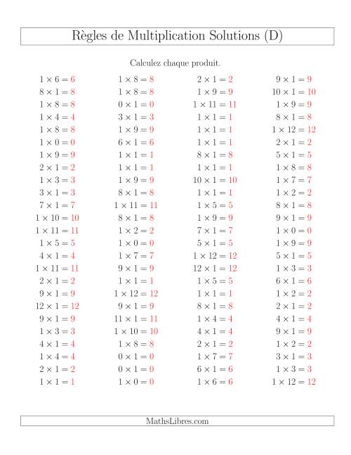 Règles de Multiplication -- Règles de 1 × 0-12 (D) page 2