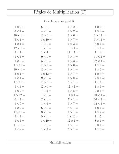 Règles de Multiplication -- Règles de 1 × 0-12 (F)