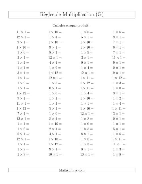 Règles de Multiplication -- Règles de 1 × 0-12 (G)