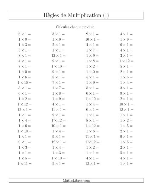 Règles de Multiplication -- Règles de 1 × 0-12 (I)