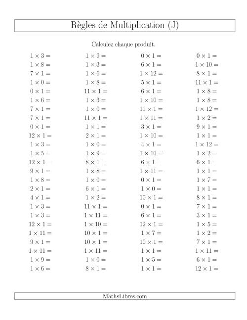 Règles de Multiplication -- Règles de 1 × 0-12 (J)