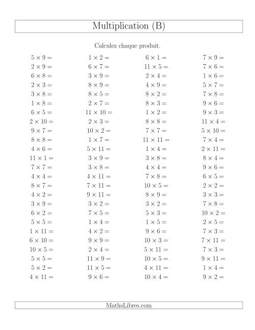 Règles de Multiplication -- Règles jusqu'à 121 (B)