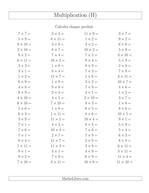 Règles de Multiplication -- Règles jusqu'à 121 (H)