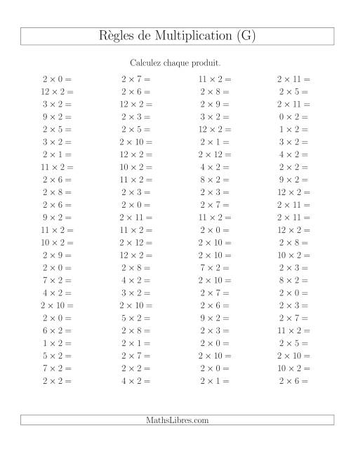 Règles de Multiplication -- Règles de 2 × 0-12 (G)