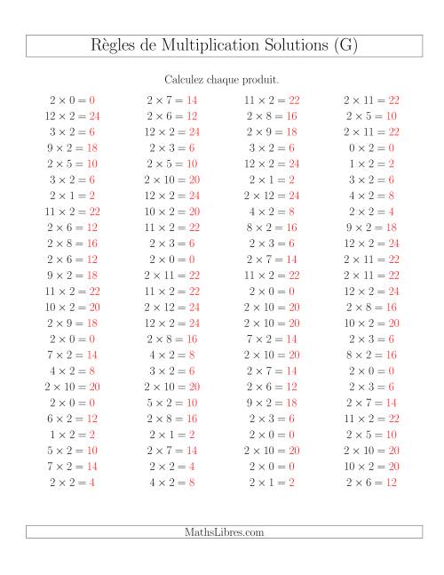 Règles de Multiplication -- Règles de 2 × 0-12 (G) page 2