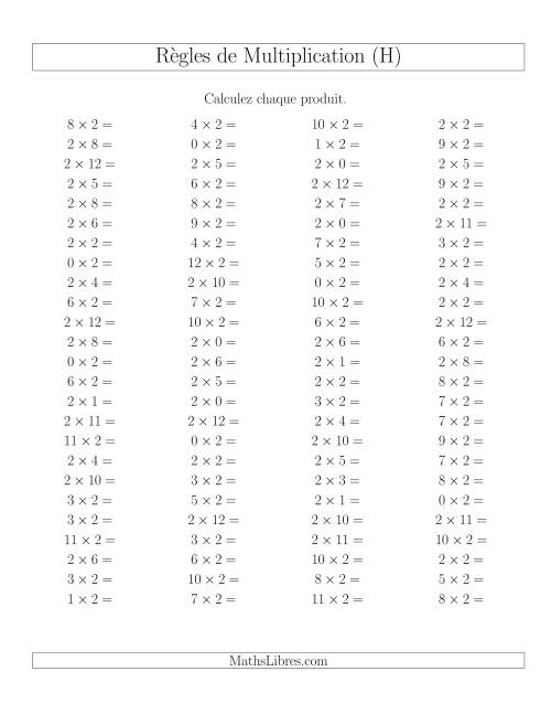 Règles de Multiplication -- Règles de 2 × 0-12 (H)