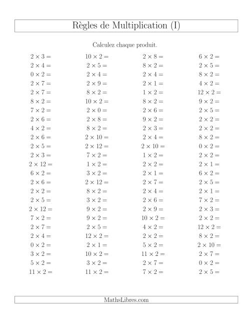 Règles de Multiplication -- Règles de 2 × 0-12 (I)
