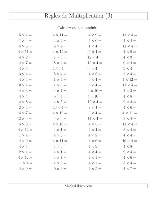 Règles de Multiplication -- Règles de 4 × 0-12 (J)
