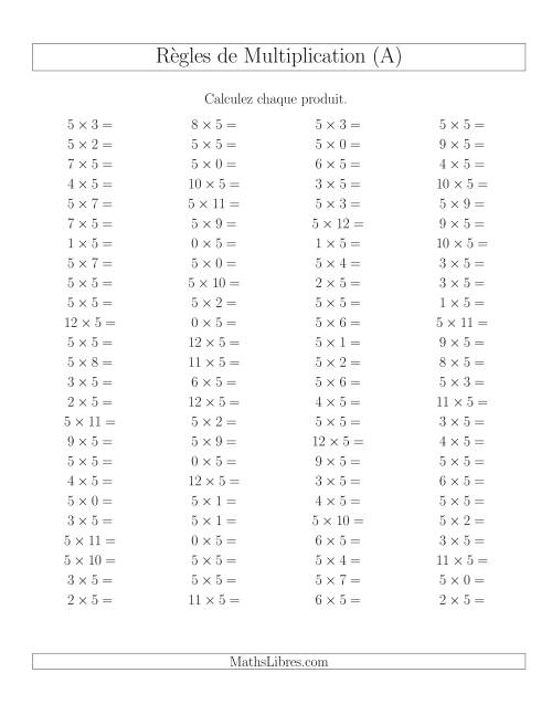 Règles de Multiplication -- Règles de 5 × 0-12 (A)