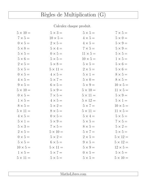 Règles de Multiplication -- Règles de 5 × 0-12 (G)