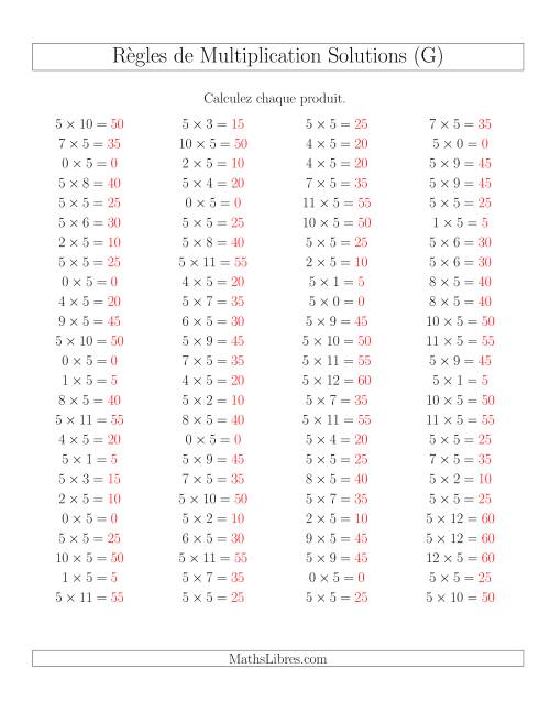 Règles de Multiplication -- Règles de 5 × 0-12 (G) page 2