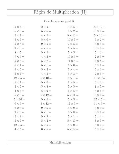 Règles de Multiplication -- Règles de 5 × 0-12 (H)