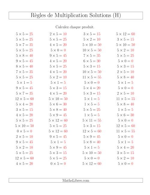 Règles de Multiplication -- Règles de 5 × 0-12 (H) page 2