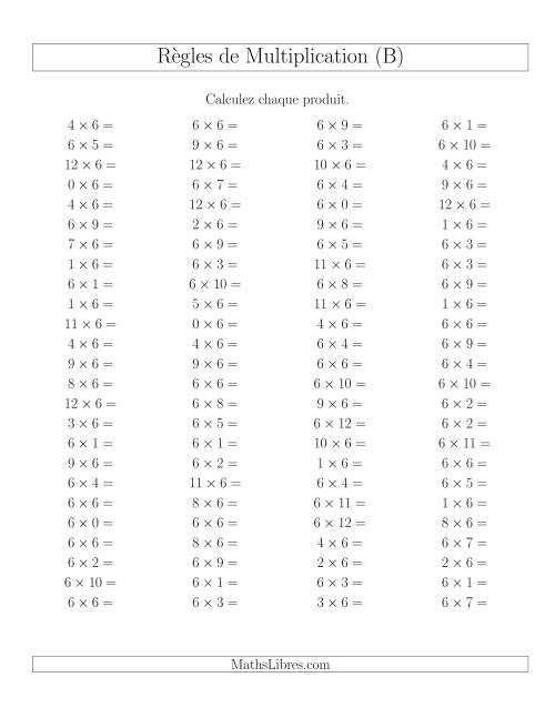 Règles de Multiplication -- Règles de 6 × 0-12 (B)