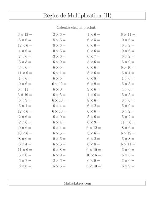 Règles de Multiplication -- Règles de 6 × 0-12 (H)