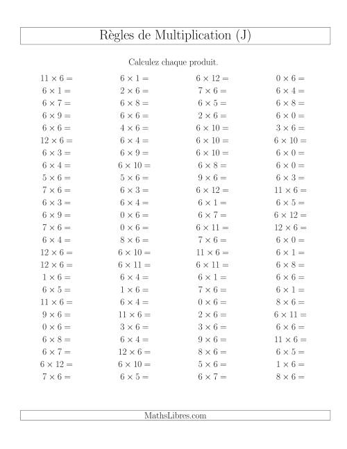Règles de Multiplication -- Règles de 6 × 0-12 (J)