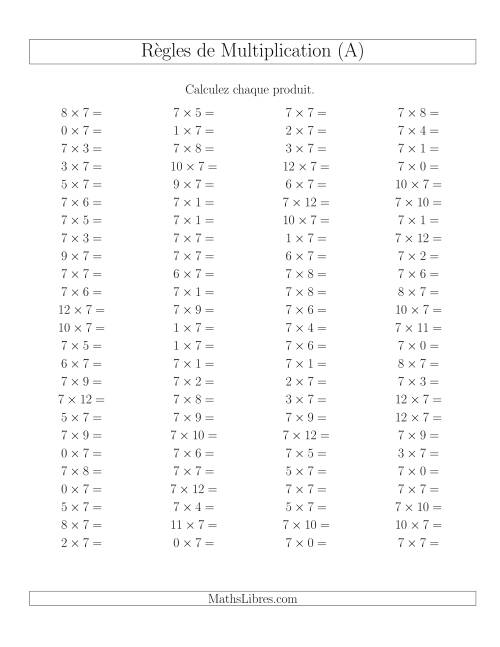 Règles de Multiplication -- Règles de 7 × 0-12 (A)