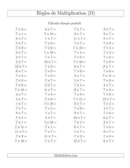 Règles de Multiplication -- Règles de 7 × 0-12 (D)