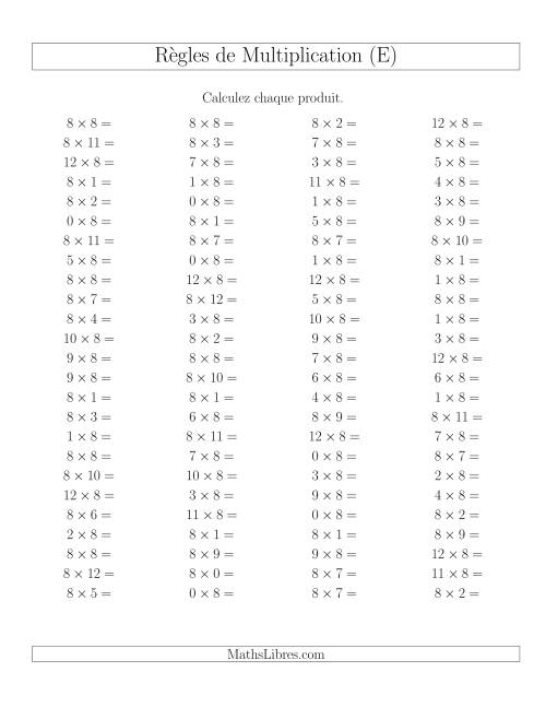 Règles de Multiplication -- Règles de 8 × 0-12 (E)