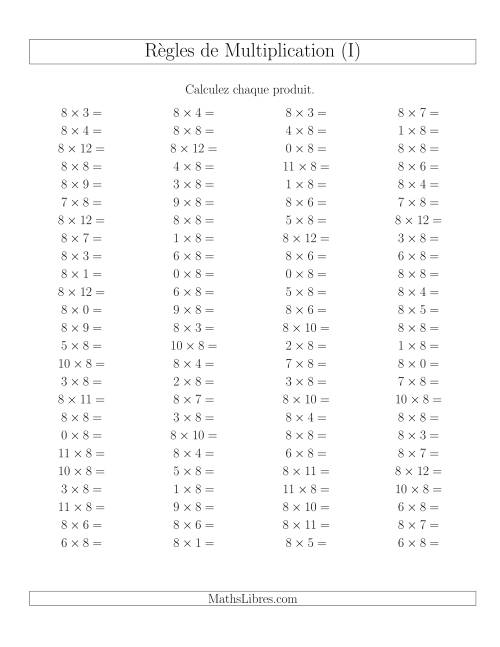 Règles de Multiplication -- Règles de 8 × 0-12 (I)