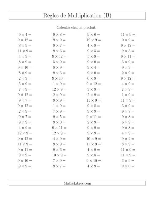 Règles de Multiplication -- Règles de 9 × 0-12 (B)
