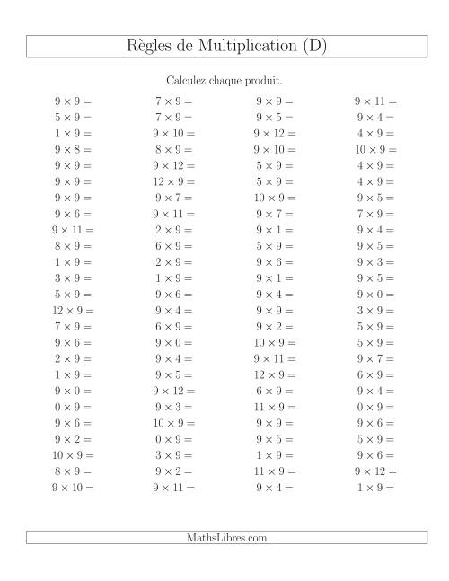 Règles de Multiplication -- Règles de 9 × 0-12 (D)