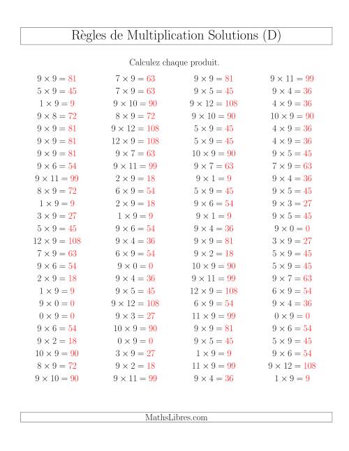 Règles de Multiplication -- Règles de 9 × 0-12 (D) page 2