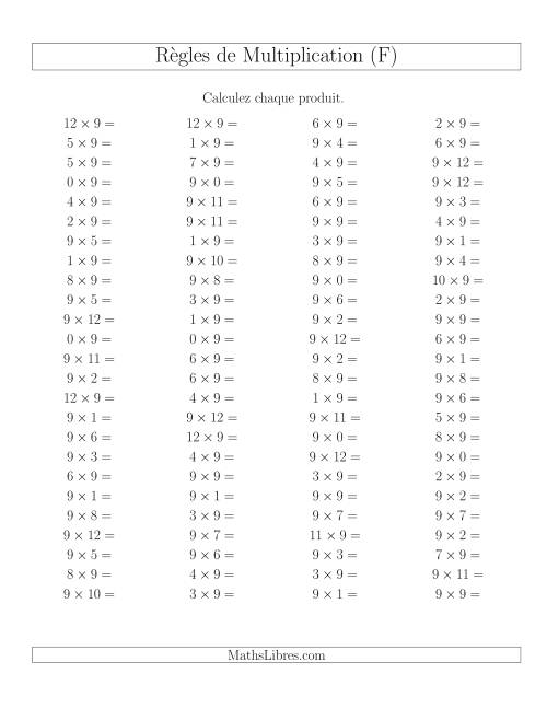 Règles de Multiplication -- Règles de 9 × 0-12 (F)