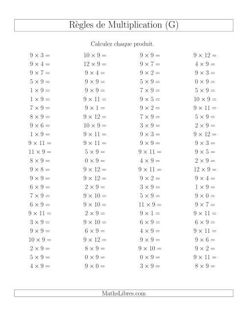 Règles de Multiplication -- Règles de 9 × 0-12 (G)