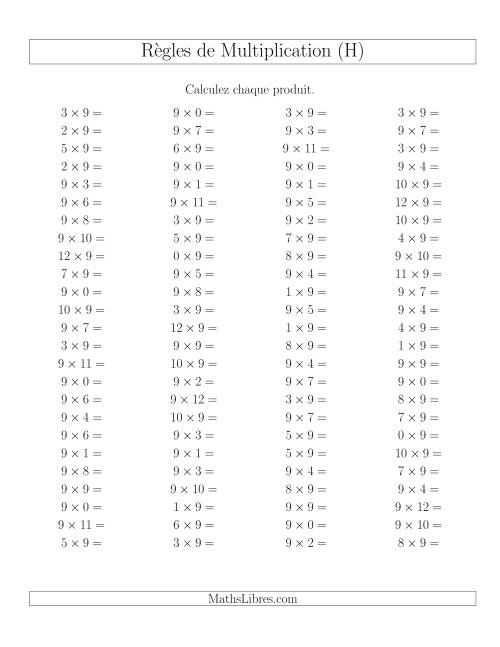 Règles de Multiplication -- Règles de 9 × 0-12 (H)