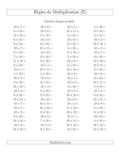 Règles de Multiplication -- Règles de 10 × 0-12 (E)