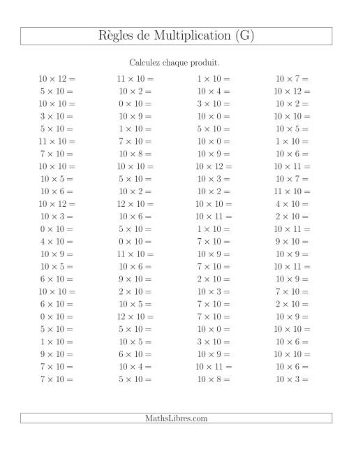 Règles de Multiplication -- Règles de 10 × 0-12 (G)