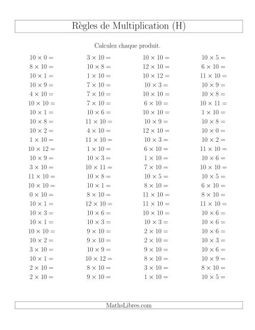 Règles de Multiplication -- Règles de 10 × 0-12 (H)