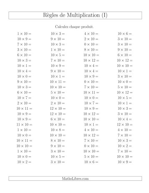 Règles de Multiplication -- Règles de 10 × 0-12 (I)