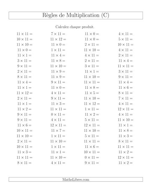 Règles de Multiplication -- Règles de 11 × 0-12 (C)