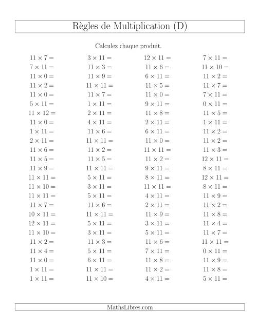 Règles de Multiplication -- Règles de 11 × 0-12 (D)