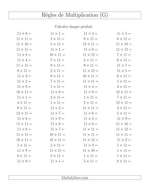 Règles de Multiplication -- Règles de 11 × 0-12 (G)