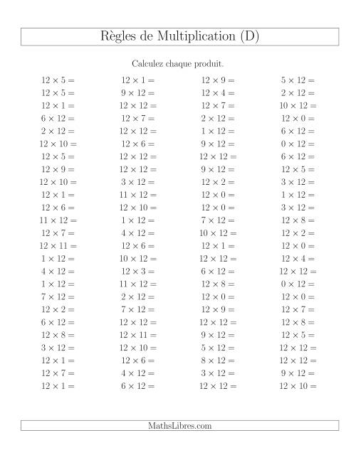 Règles de Multiplication -- Règles de 12 × 0-12 (D)